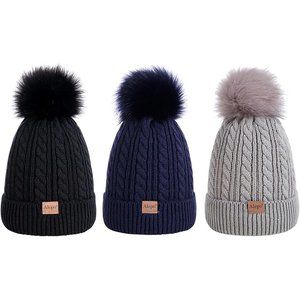 Kids Winter Beanie Children's Warm Fleece Lined Knit Thick Ski Cap with Pom